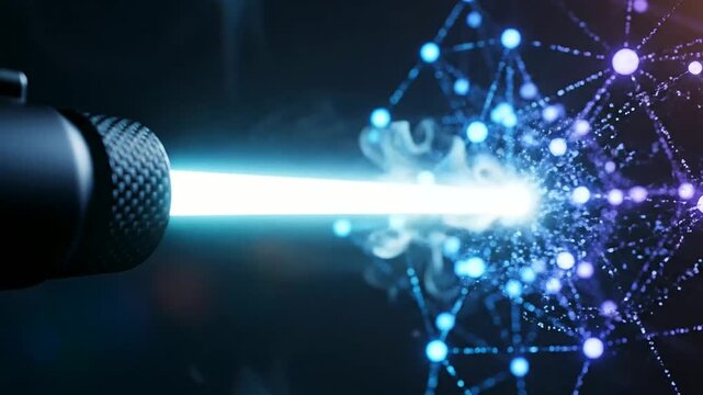 Illustrating the critical importance of Ethical AI Oversight, a powerful light beam emanates from a sleek device, creating a vibrant digital network of interconnected nodes and data streams