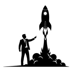 Fototapeta premium Business Startup Launch Concept – Rocket Takeoff with Businessman Silhouette