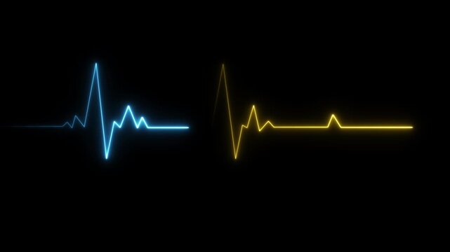 Neon heartbeat ekg pulse line animation, glowing blue and yellow medical heart rate monitor loop on black background