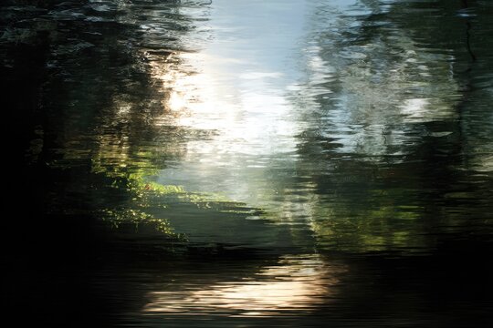 Rippling water reflects sunlit trees and misty forest clearing