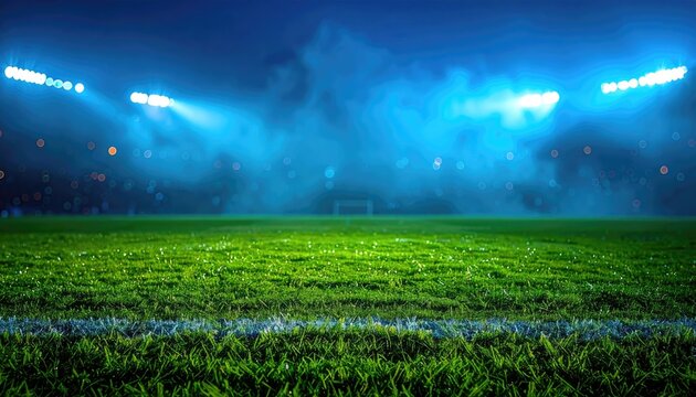 Green grass field under bright stadium lights with blue and white color grading