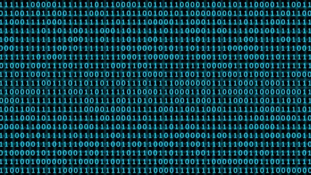 Digital binary code background: glowing blue data stream, cyber security, programming, and technology concept animation