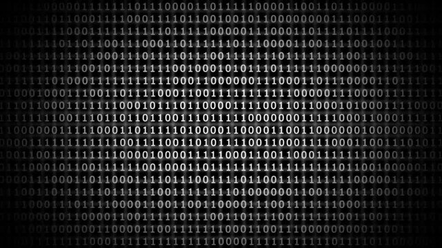 Binary code data stream background, digital technology concept with scrolling white numbers on black screen