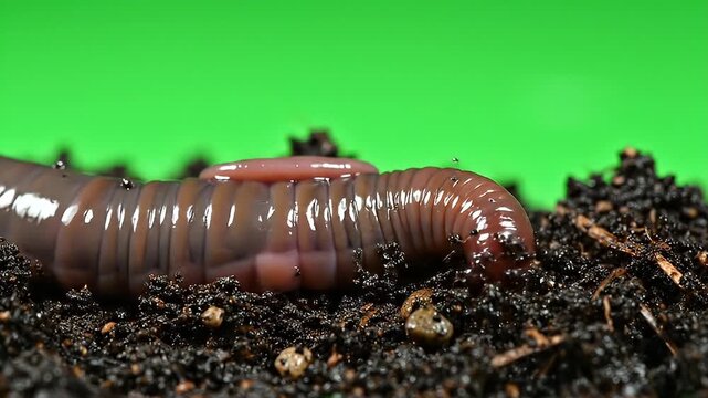 Closeup Glossy Earthworm in Organic Garden Soil