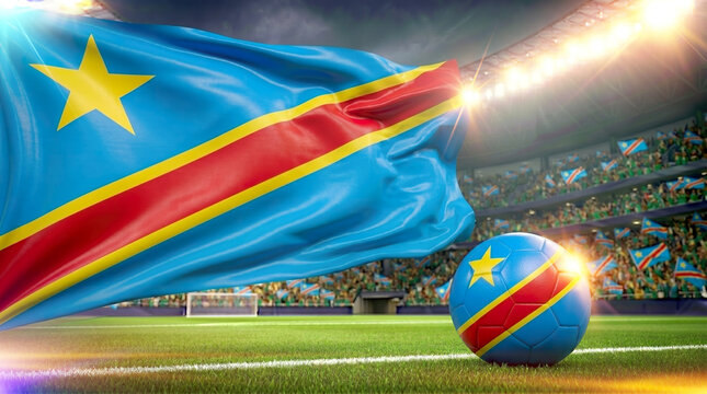 Democratic Republic of Congo flag and football in soccer stadium