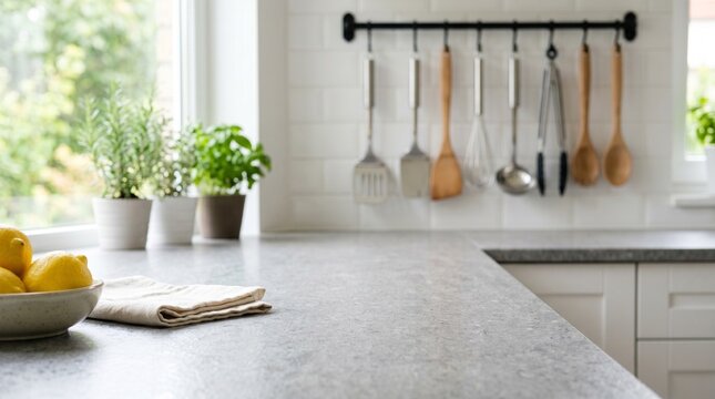 Bright and clean kitchen counter with fresh lemons and a linen towel, offering a blurred view of utensils and window.