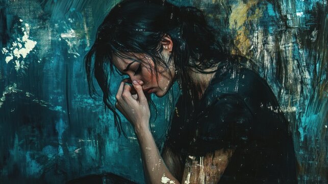 Depressed woman sits in front of a textured teal wall