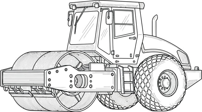 Black and white line art illustration of a heavy duty road roller compactor for coloring book.
