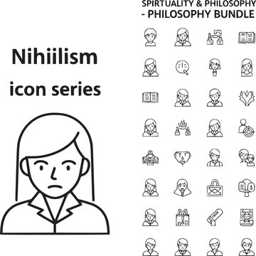 Flat design nihilism icon set with philosophical symbols and minimalist human expressions