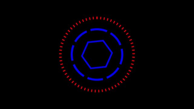 Futuristic HUD circular interface animation with blue hexagon and red dashed rings on black background. High-tech UI element for sci-fi and digital projects.