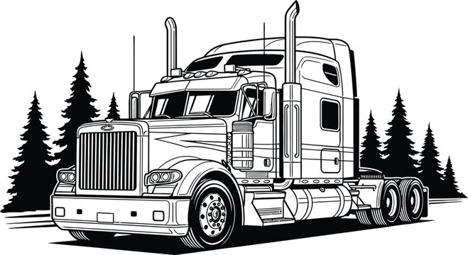 Detailed Black and White Line Art Illustration of a Powerful Semi Trailer Truck.