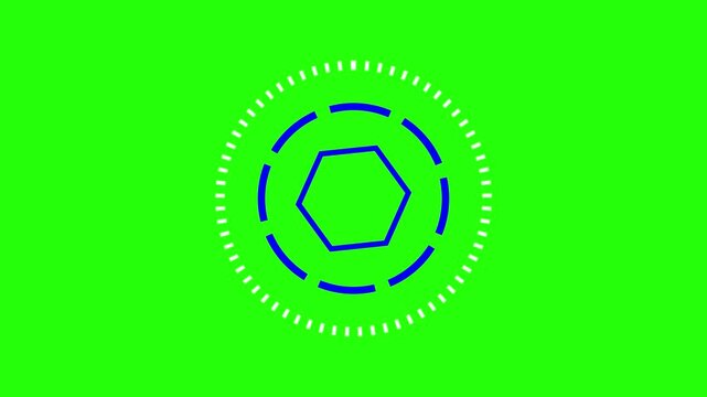 Blue HUD circular interface with hexagon core on green screen background. Professional technology UI element for chroma keying and futuristic digital overlays.