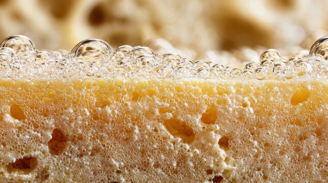 Porous sponge absorbing liquid and creating cleansing foam, showing many transparent bubbles on a textured cleaning surface for hygiene