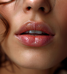 Fototapeta premium Extreme macro close-up of a woman's glossy lips and natural skin texture created with Generative AI Technology, ai, generative