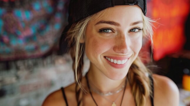 Close up portrait of a smiling young woman with freckles and blue eyes. Happy female wearing a black cap backwards. Natural lifestyle headshot