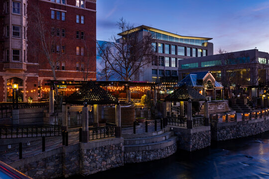 Illuminated riverwalk in the downtown in dusk in Reno, Nevada