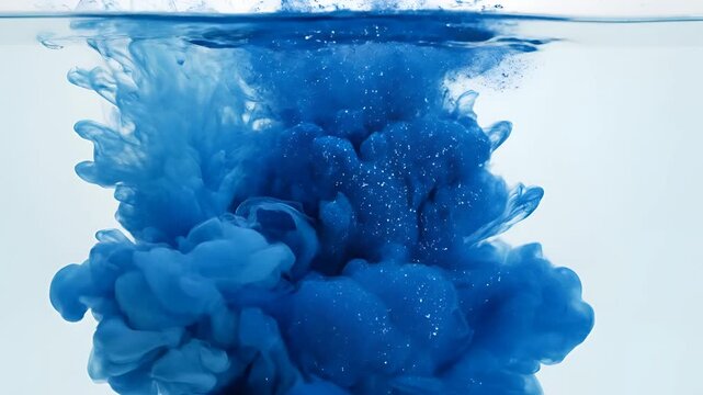 Abstract Blue Ink Cloud Dissolving in Clear Water Slow Motion 1.