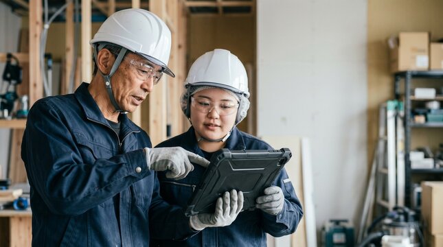 日本人建設業のシニア男性と若手女性が、現場作業でDX化されたタブレットを指差しながら育成・確認作業をする様子。保護メガネを着用した職人と建築現場の背景。