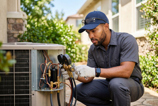 Male HVAC technician repairing outdoor air conditioning unit with gauges