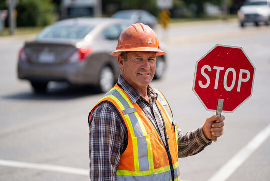 Road construction worker in a hard hat and safety vest holding a stop sign