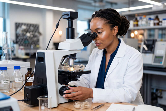 Female scientist analyzing organic wool samples under a microscope in a bright textile laboratory