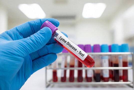 Scientist hand holding lyme disease test blood sample tube