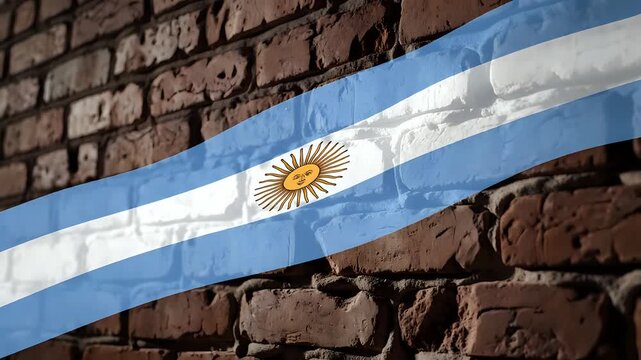 Argentinian Flag Waving Against Textured Brick Wall Background.