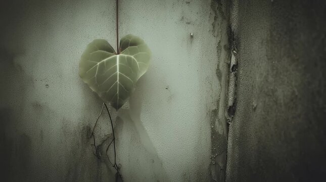 Heart-Shaped Leaf Growing on Textured Wall - Symbol of Hope and Resilience in a Dark Urban Setting Nature s Beauty Emerging from Concrete