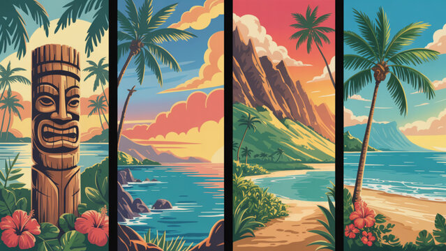 Colorful tropical tiki torches by ocean