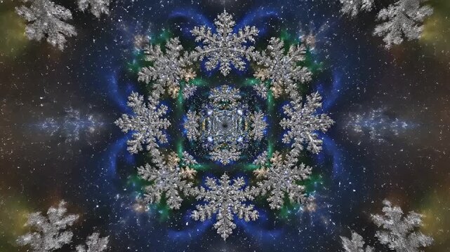 Abstract Snowflake Kaleidoscope Effect with Sparkling Lights and Stars.