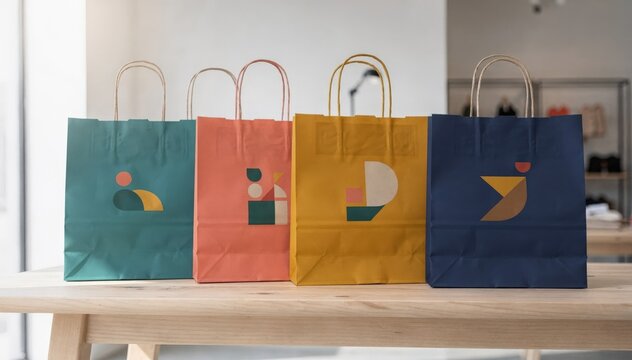Colorful matte paper shopping bags with vibrant store logos stacked neatly on a wooden table showcasing ecofriendly retail packaging in a bright modern setting.