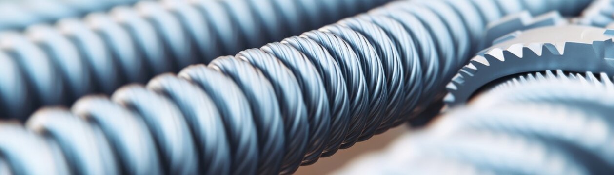 Close-up 3D render of shiny blue-toned metallic worm drive with a cogwheel, depicting precision engineering and complex mechanism. Industrial, Technology