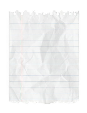 A crumpled piece of lined paper with a red vertical line sits on a plain white background