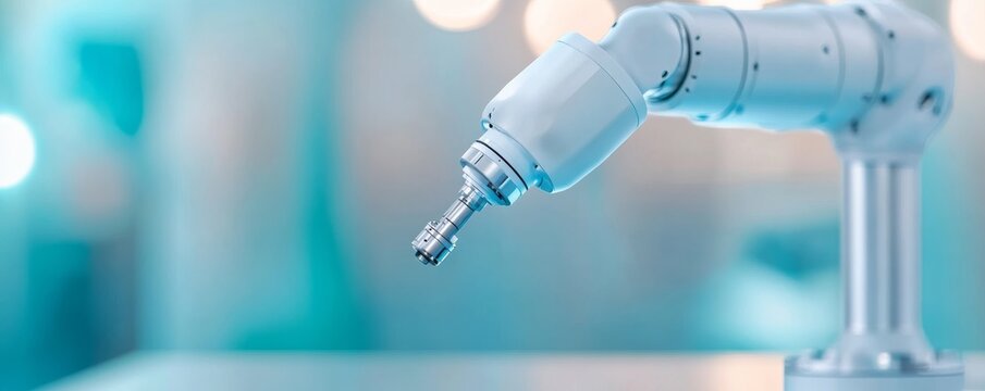 Close-up of a clean white collaborative robotic arm's end, angled right on a blurred blue background. Concept Advanced automation, precision and AI integration. Cobot, AI