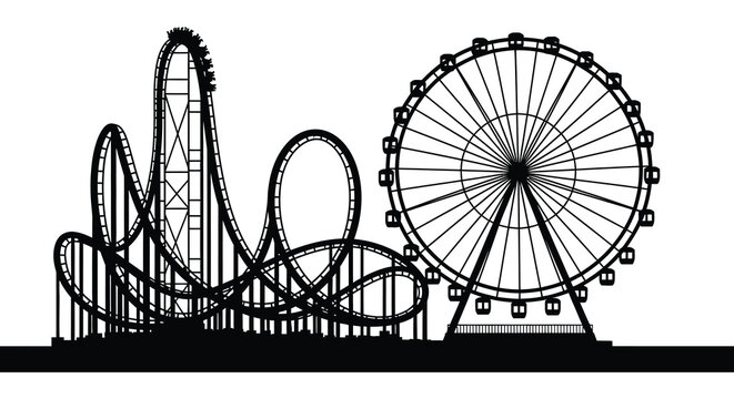 Amusement park silhouette a sketch of roller coasters ferris wheel and cityscape
