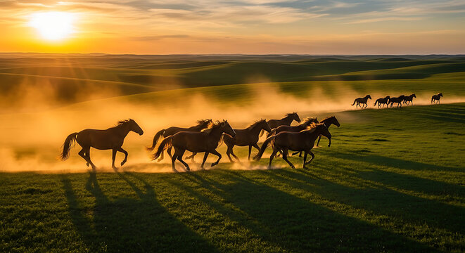 Wild Horses Galloping in a Herd Across Lush Green Rolling Hills at Sunset Majestic Stallions Running through Dust Clouds in Golden Hour Light