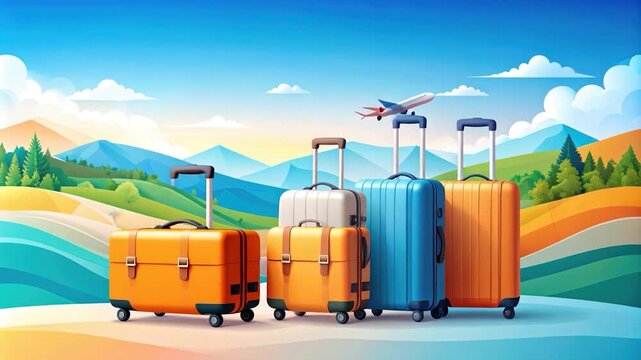 Stylized illustration of luggage against a scenic landscape with an airplane