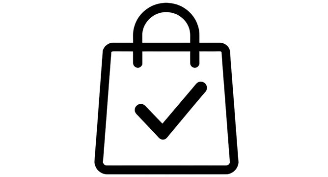shopping bag icon, checkmark retail symbol, ecommerce bag vector, black white shopping logo, purchase confirmation icon, online store graphic, delivery bag symbol, successful order sign, retail checko