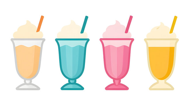ice cream float, colorful dessert drinks, soda float glasses, sweet beverage illustration, creamy summer dessert, cold refreshment vector, glass float collection, ice cream soda art, tasty frozen drin