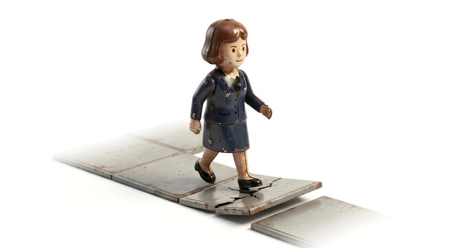 ひび割れた道を進む女性のブリキ人形。不安定な雇用や将来への不安の象徴
