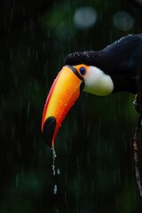 Fototapeta premium Colorful toucan perched on branch with rain droplets in the background