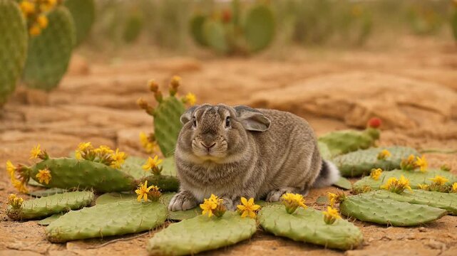 Rabbit Sitting on Cactus Pads Surrounded by Yellow Wildflowers in Desert