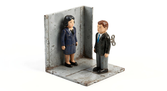 壁際に追い詰められた女性。精神的圧迫や逃げ場のない状況を象徴するブリキ人形
