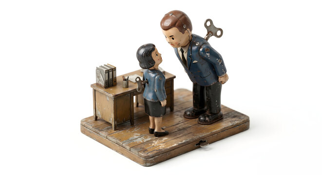 職場で高圧的な態度をとる上司。パワハラや心理的威圧を表現したジオラマ風ブリキ人形
