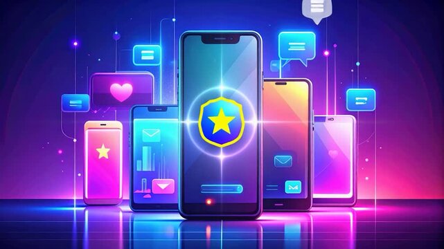 Futuristic mobile devices surrounded by glowing digital icons on a purple backdrop