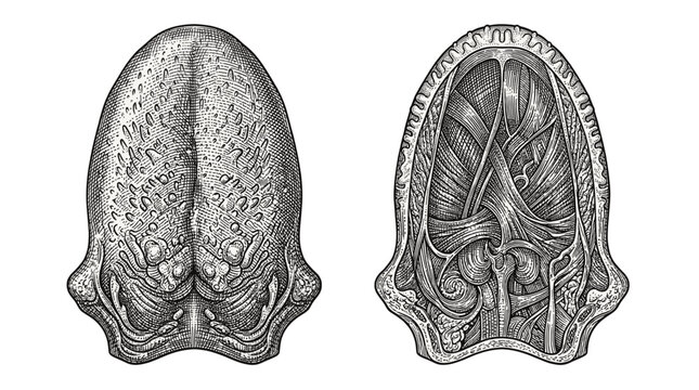 Anatomical illustration of a human tongue, showing the external surface with papillae and a cross-section revealing internal musculature and nerves.