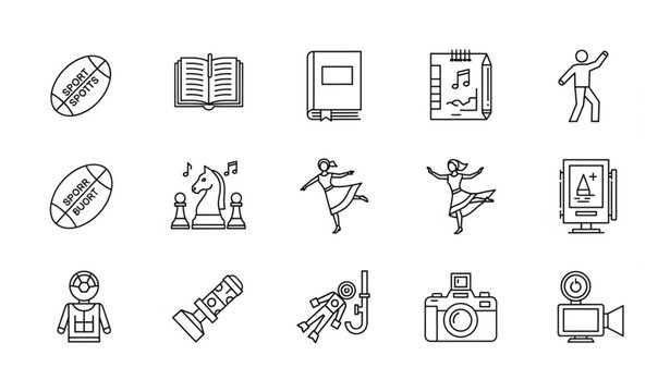 Continuous line hobby and recreation vector icons for children and adults indoor and outdoor activities