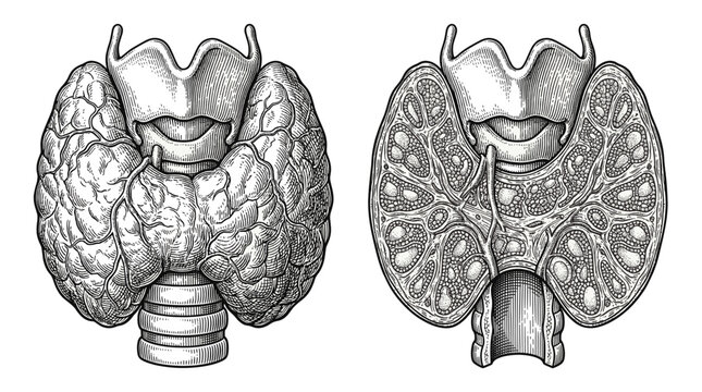 Anatomical illustration of the human thyroid gland, showing its external appearance and internal follicular structure.