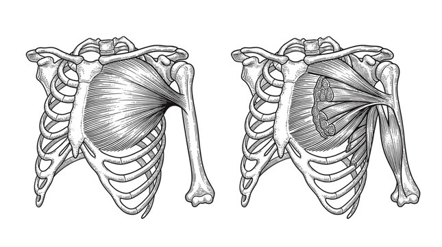 Anatomical illustration showcasing the pectoralis major muscle and its origin and insertion points on the rib cage and humerus.
