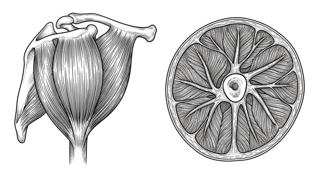Anatomical illustration of the human shoulder joint musculature, showing anterior and superior views with detailed muscle fibers and bone structure.